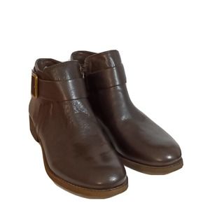 Franco Sarto Women's Boot Brown Leather Ankle Bootie Sz 9M, buckle +side zipper
